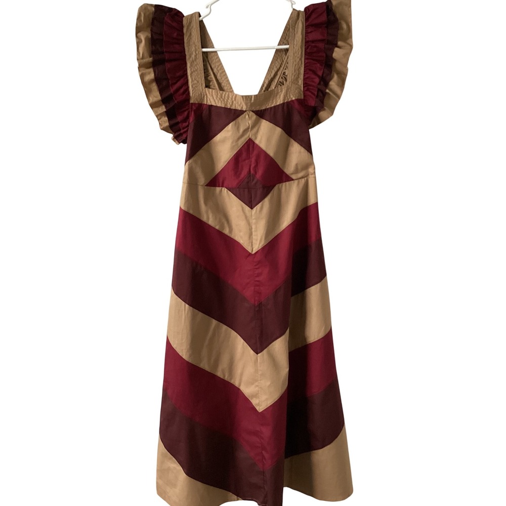 Sofie the Label Chevron Pattern Maxi Dress Ruffle Shoulder Straps, Cross-Back, M